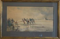 tableau Les pêcheurs Dillens Albert marine  aquarelle papier 19e siècle