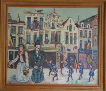 tableau Kermesse au Marolles Prolo des Marolles  caricature  huile toile 2ième moitié 20e siècle