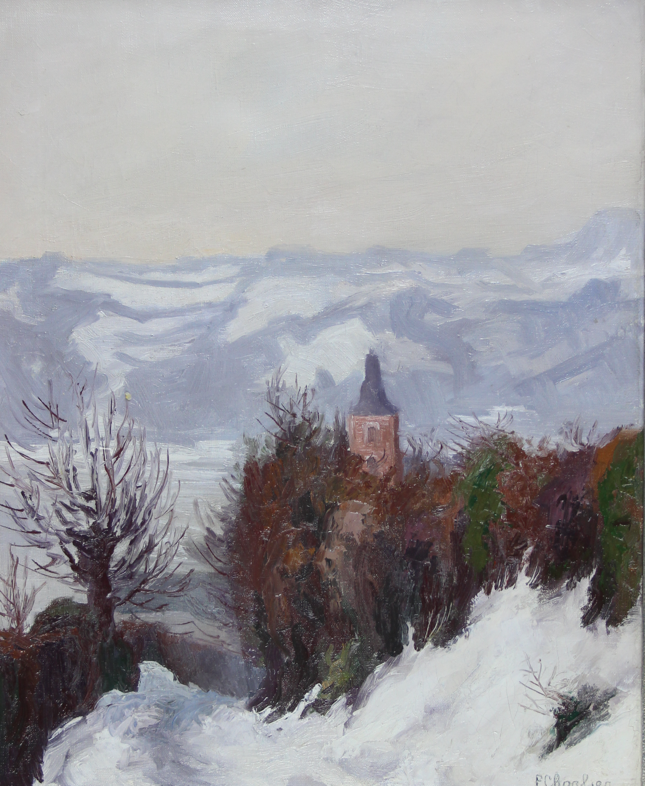 tableau Sous la neige Charlier Paul paysage,village,église  huile toile 2ième moitié 20e siècle