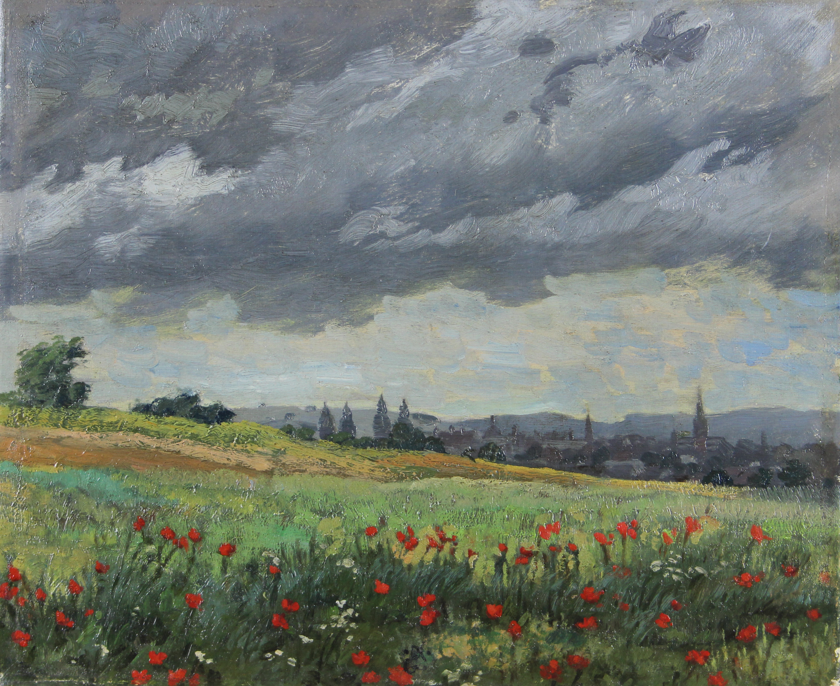 tableau Fleures des champs   fleurs,paysage,village impressionnisme huile toile 1re moiti 20e sicle