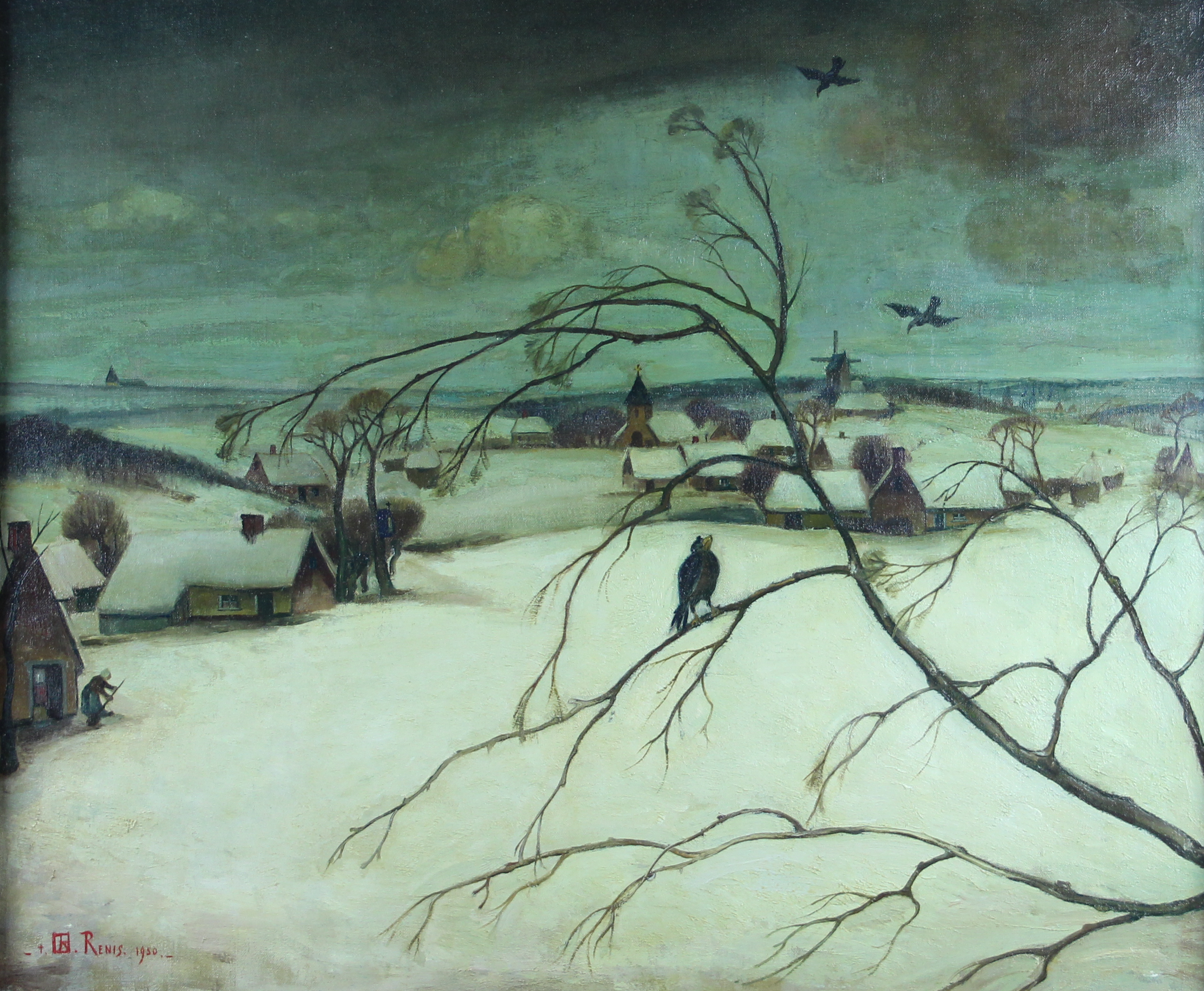 tableau La neige et les corbeaux Renis Joseph animaux,paysage,village  huile toile 2ime moiti 20e sicle