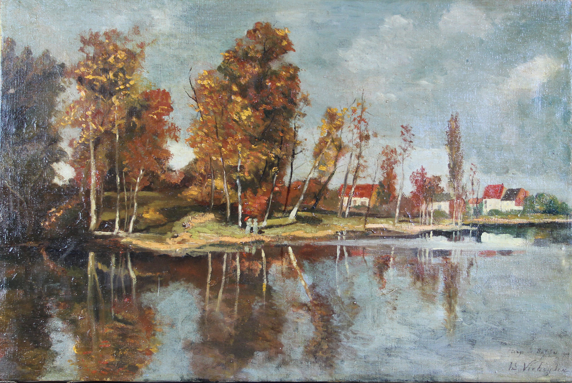 tableau Promeneurs  l'tangs Verheyden Isidore paysage impressionnisme huile toile 19e sicle