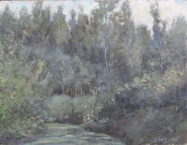 tableau Le ruisseau Carlier J paysage,sous-bois  huile panneau 1ère moitié 20e siècle