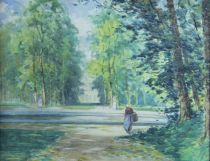 tableau Promenade dans le parc Cassiers Henry scène rurale  aquarelle papier 1ère moitié 20e siècle