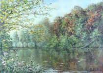 tableau L'étang aux fleures Dubois (2) Paul paysage  huile toile 2ième moitié 20e siècle
