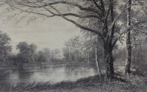 tableau Paysage à l'étangs Heger Louise paysage,sous-bois  fusain papier 19e siècle