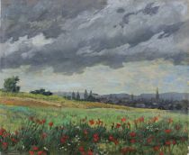 tableau Fleures des champs   fleurs,paysage,village impressionnisme huile toile 1ère moitié 20e siècle