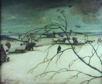 tableau La neige et les corbeaux Renis Joseph animaux,paysage,village  huile toile 2ième moitié 20e siècle