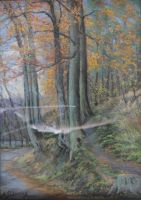 tableau En Fret Stevens  A paysage,sous-bois  pastel panneau 1re moiti 20e sicle