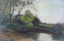 tableau La mare aux grenouilles Stievenart Fernand paysage  huile panneau 19e siècle