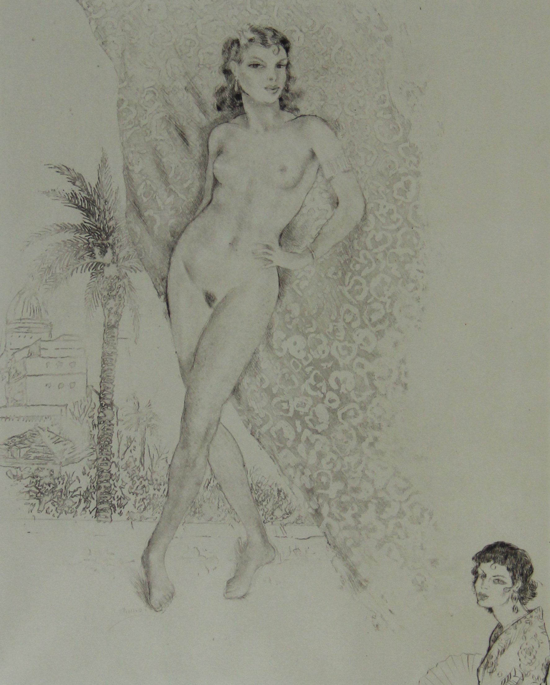 tableau La femme au palmier Chimot Edouard nu,orientaliste,personnage  encre papier 1re moiti 20e sicle
