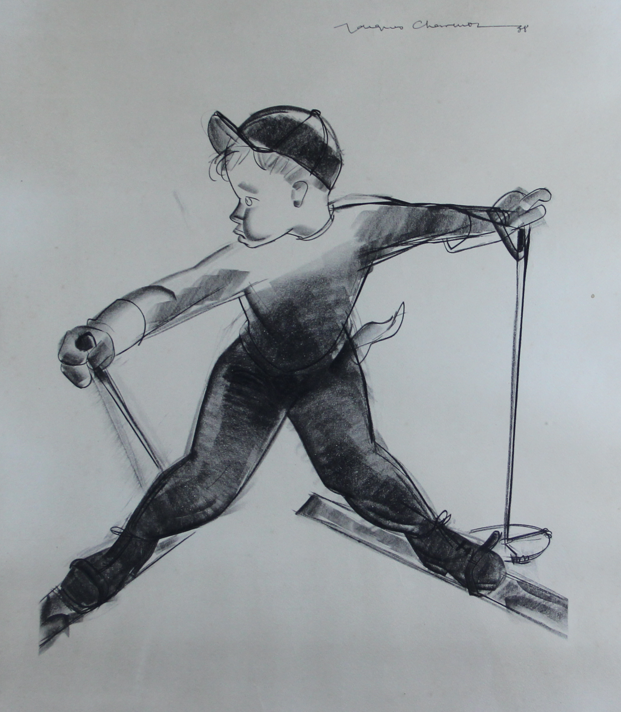 tableau Le jeune skieur   personnage  fusain papier 1re moiti 20e sicle