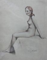 tableau Jeune fille nue Duflos Robert nu,personnage  crayon papier 