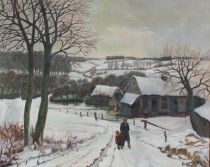 tableau Promenade d'hiver Genot Julien paysage,personnage,scne rurale,village  huile toile 1re moiti 20e sicle
