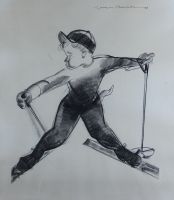 tableau Le jeune skieur   personnage  fusain papier 1ère moitié 20e siècle