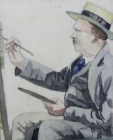 tableau Le peintre au chevalet   autoportrait,personnage,portrait  aquarelle papier 
