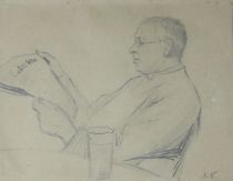 tableau Le lecteur   scène de genre  crayon papier 2ième moitié 20e siècle