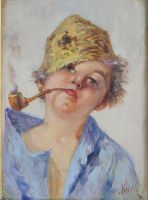 tableau Enfant  la pipe Novelli  portrait,scne de genre  huile panneau 