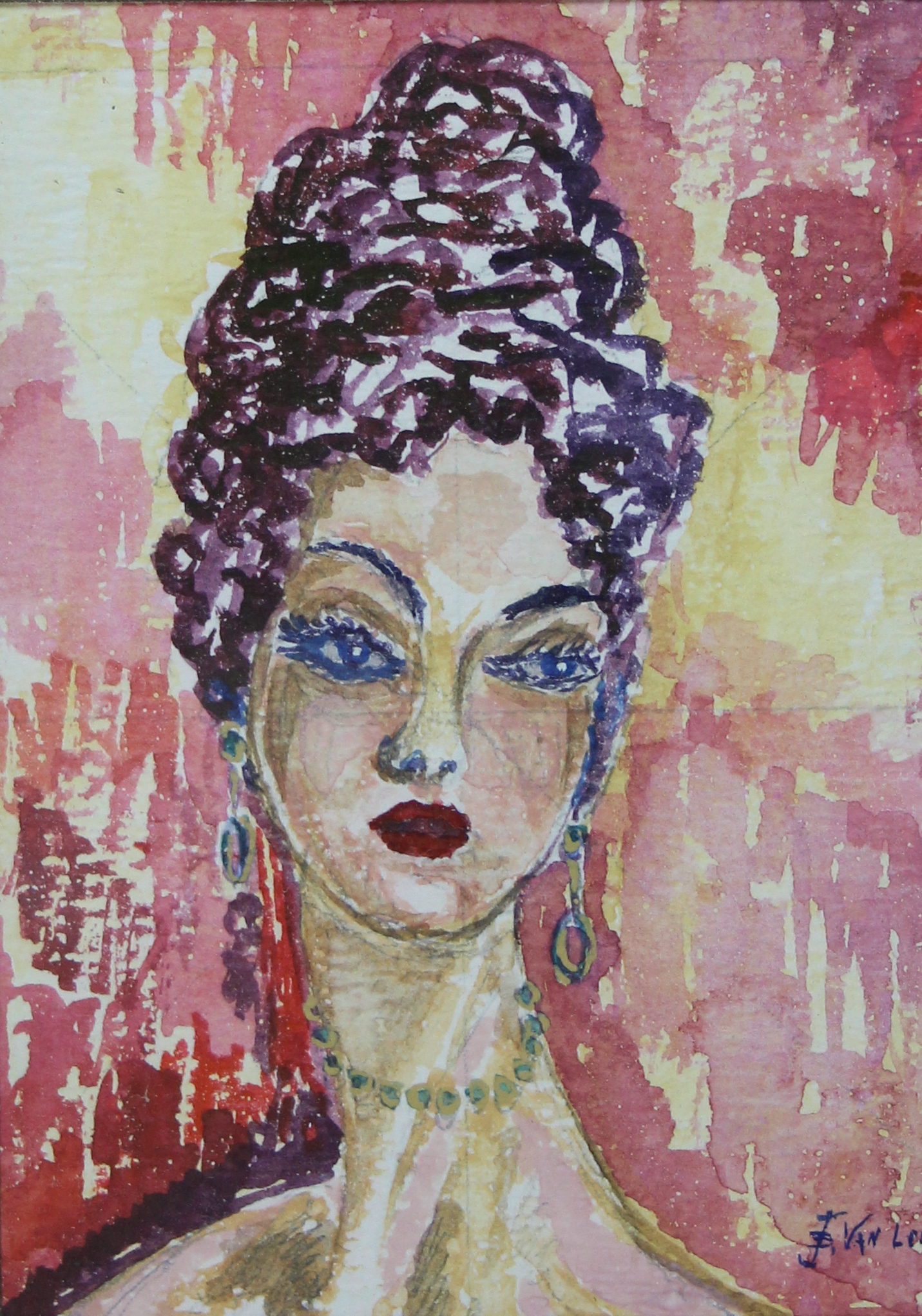 tableau Femme au collier   portrait  aquarelle papier 