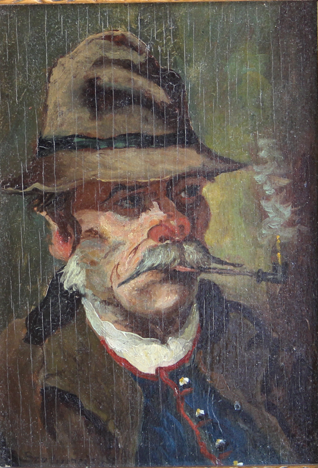 tableau Fumeur de pipe   portrait  huile panneau 1re moiti 20e sicle