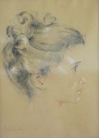 tableau La jeune fille Carbonnelle  portrait  mixte papier 2ième moitié 20e siècle