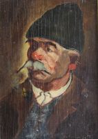 tableau Fumeur de pipe 2   portrait  huile panneau 19e siècle