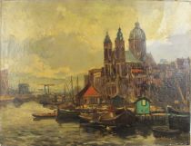 tableau  Gezicht op de Nicolaaskerk, Amsterdam  De Bruin Cornelis  marine,ville  huile toile 1ère moitié 20e siècle