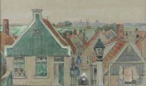 tableau La hollande  Melchers Franz paysage,personnage,village  aquarelle papier 19e sicle