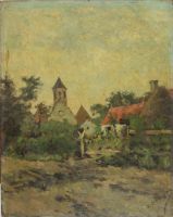 tableau Au jardin Schouppe Alfred paysage,village,glise  huile panneau en acajou 19e sicle