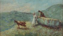 tableau En montagne   animaux,paysage,personnage,scène rurale,paysage de montagne  huile carton 1ère moitié 20e siècle
