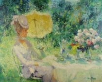 tableau Le thé au jardin  Aers Marguerite personnage,scène de genre  huile toile 2ième moitié 20e siècle