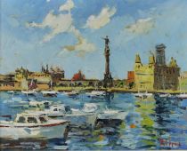 tableau Le port Barcelone   marine,ville  huile toile 2ième moitié 20e siècle