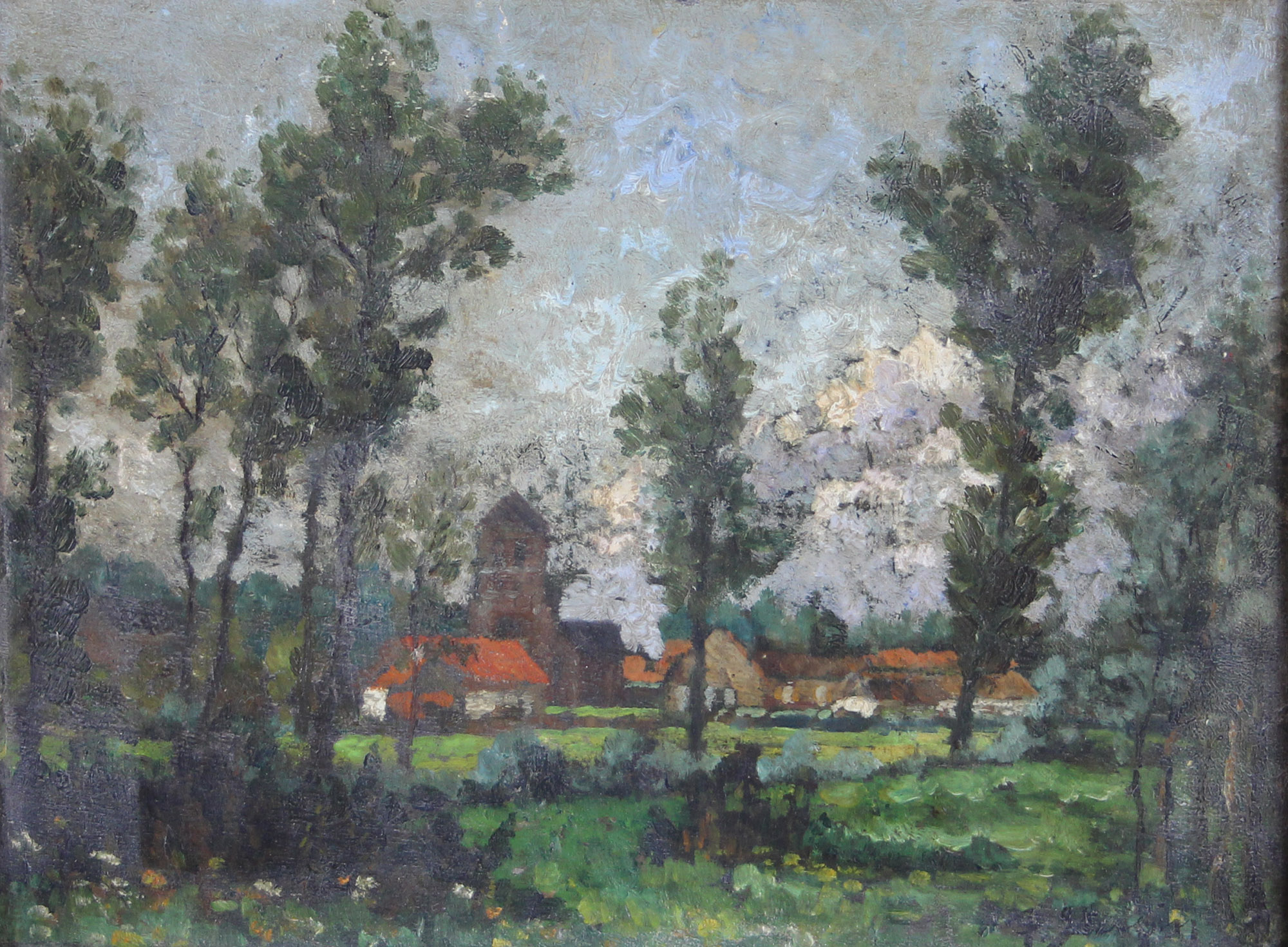 tableau Le village Sterpin Paul paysage,village  huile panneau en acajou 1ère moitié 20e siècle