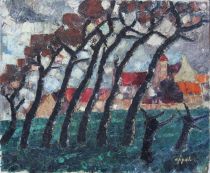tableau Vue du village Appel  paysage,village  huile toile 2ième moitié 20e siècle
