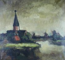 tableau Le village et sa rivière De Backer Roger paysage,village,église  huile toile 