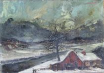 tableau Chaumière en hiver De Ruck R paysage,village  huile toile 1ère moitié 20e siècle