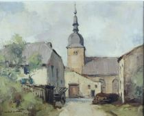 tableau L'entrée de Chassepierre Dutrieu Michel paysage,village  huile toile 2ième moitié 20e siècle