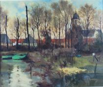 tableau Vue de Lierre Coremans Victor paysage,village  huile cuivre 2ième moitié 20e siècle