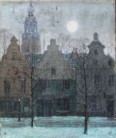 tableau Clair de lune Melchers Franz ville,église  huile toile 19e siècle