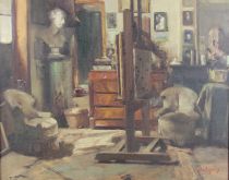 tableau L'atelier Betigny Ernest scène d'intérieur  huile toile 1ère moitié 20e siècle