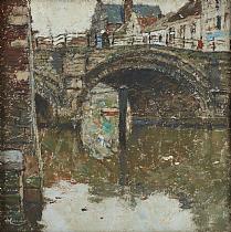 tableau Pont à Malines Cassiers Henry ville  gouache papier 1ère moitié 20e siècle