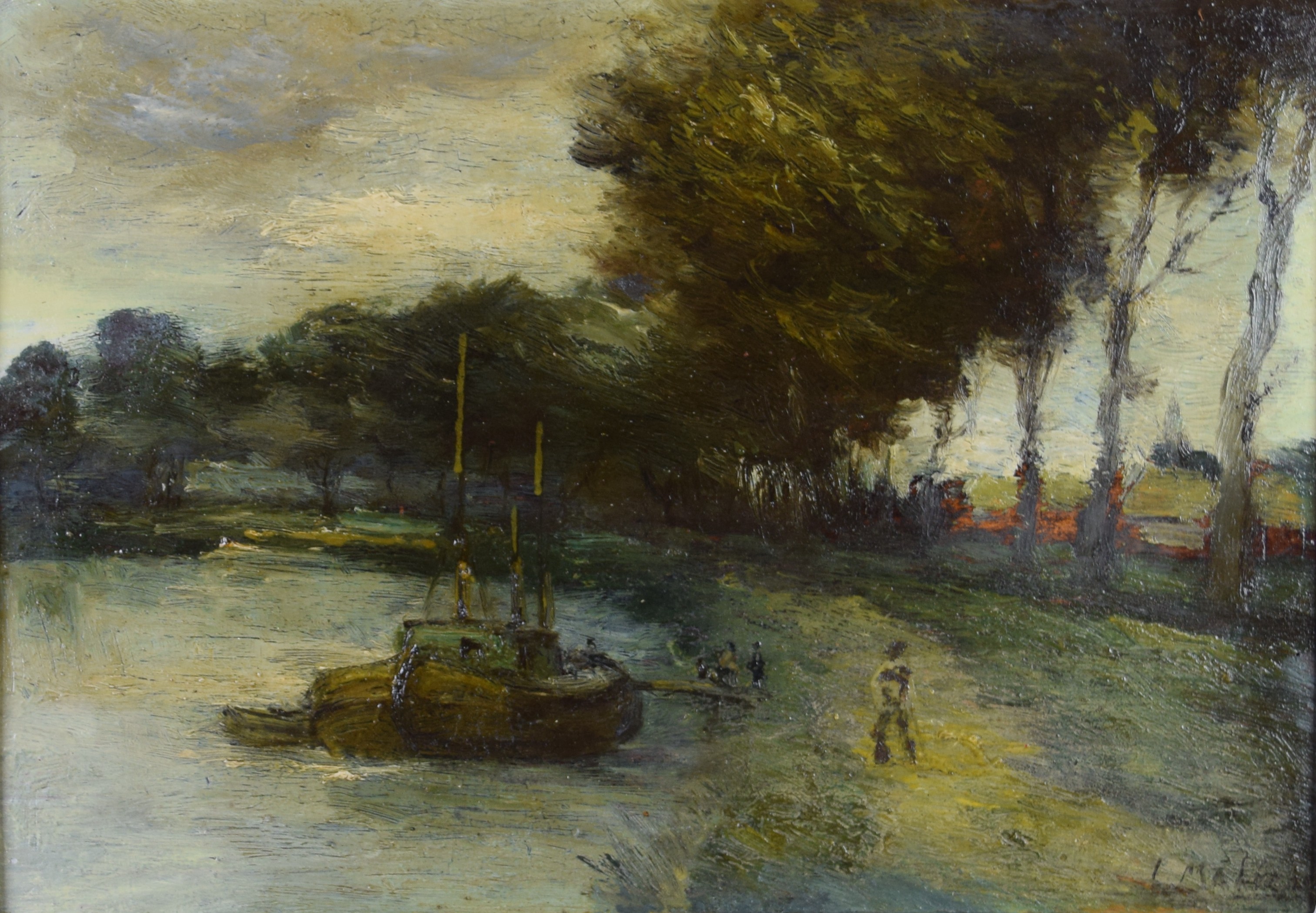 tableau Le chemin de halage  Maricq Léo paysage,personnage,scène rurale  huile panneau 1ère moitié 20e siècle