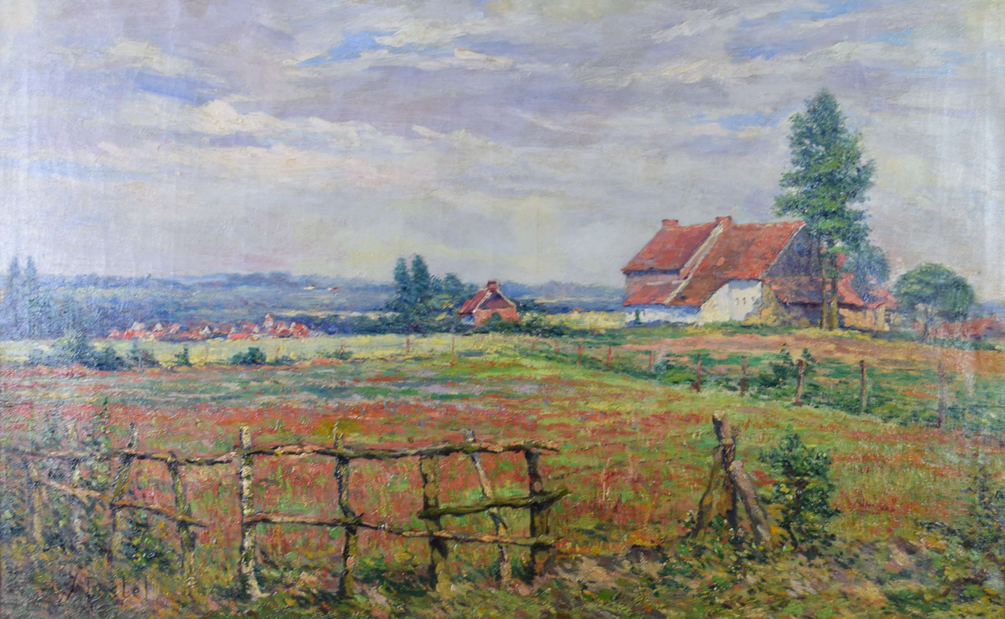 tableau Le hameau  Postel Jules paysage,village  huile toile 1ère moitié 20e siècle