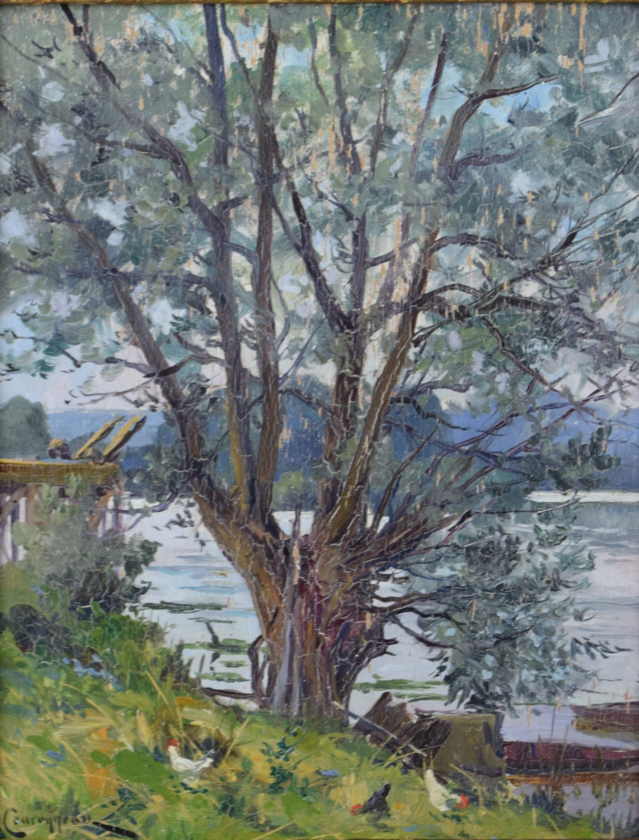 tableau Le saule bord de Seine  Couronneau Ernest animaux,paysage  huile panneau 1ère moitié 20e siècle