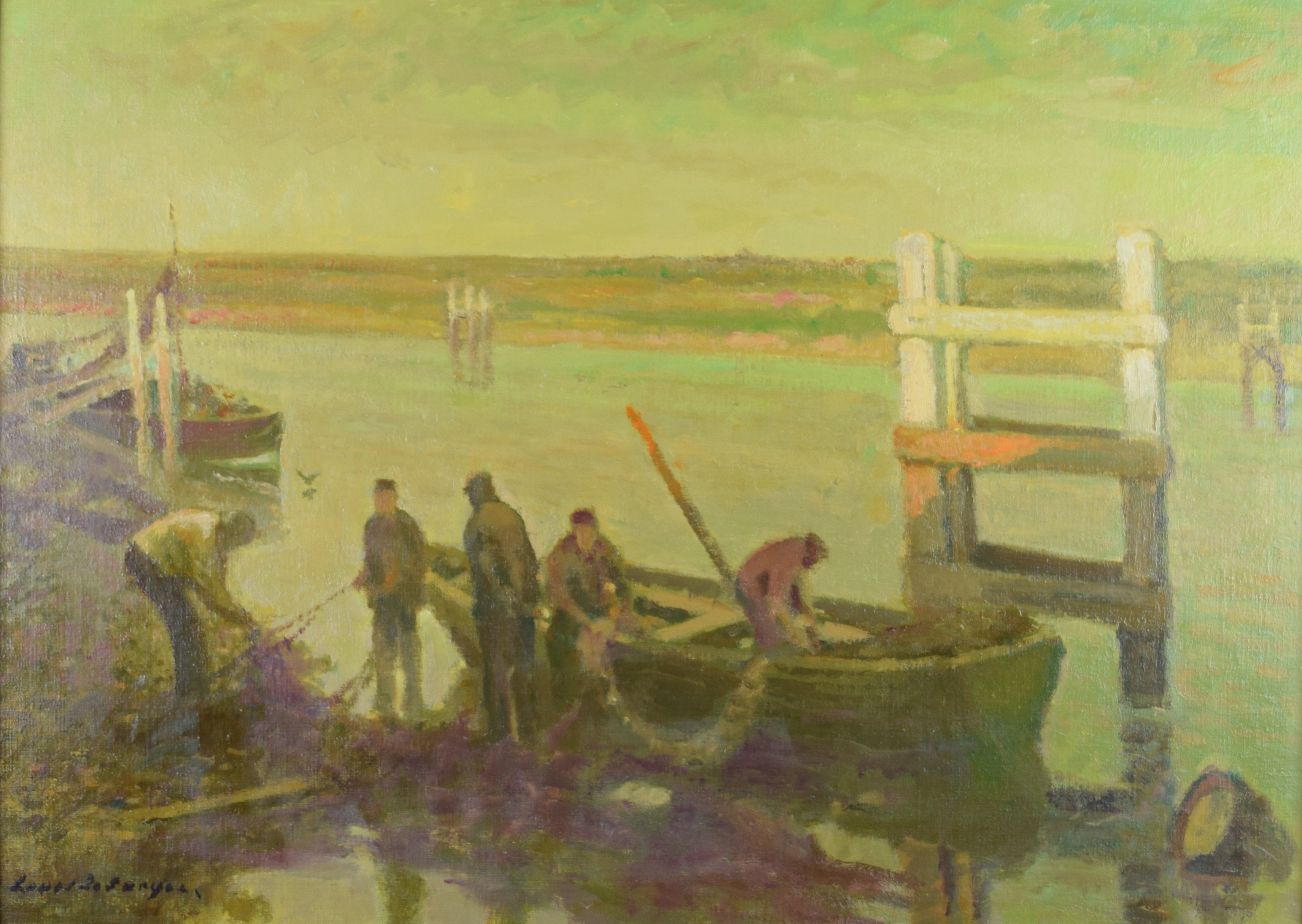 tableau Fin de journée de pêche  De Saeger Louis marine,personnage  huile unalite 1ère moitié 20e siècle