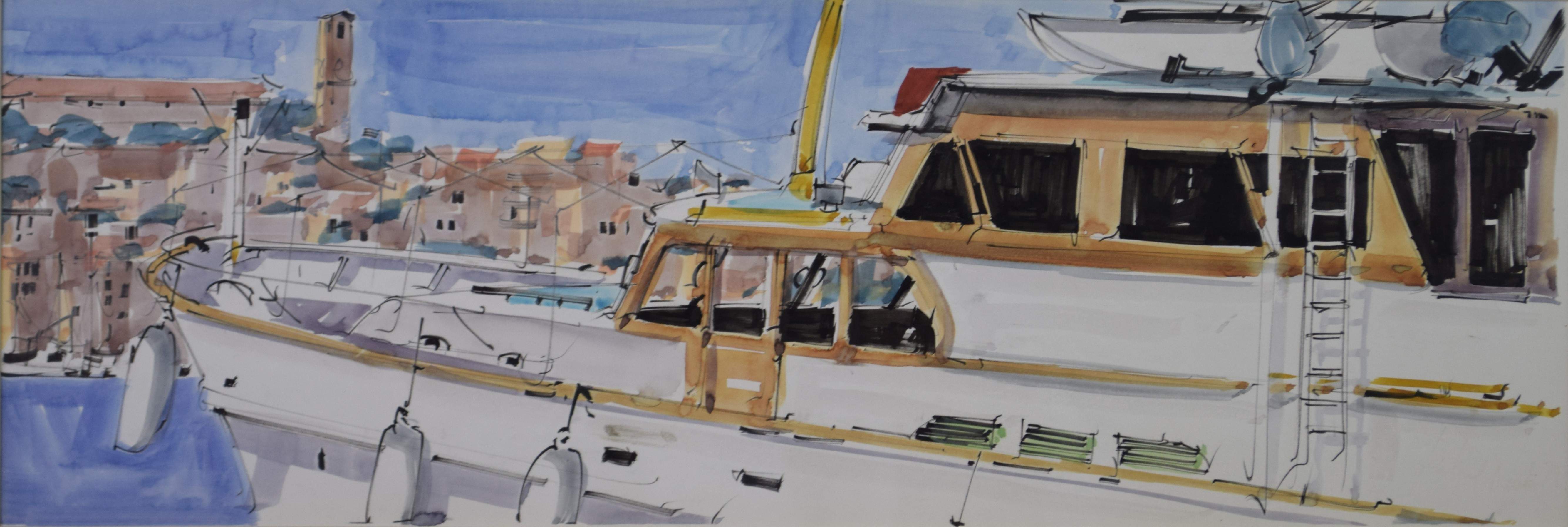 tableau Le yak blanc   marine,village  aquarelle papier 2ième moitié 20e siècle