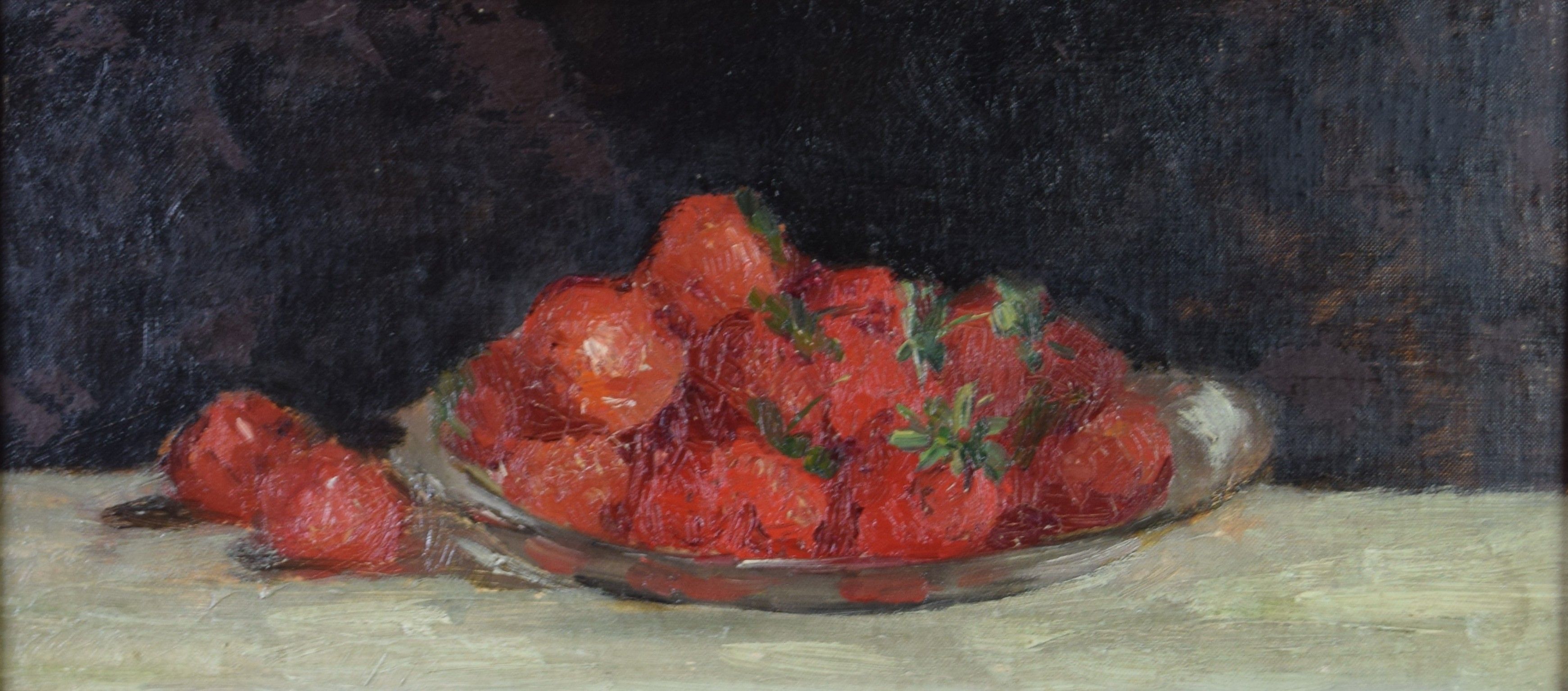 tableau L'assiette de fraises    nature morte  huile panneau 1ère moitié 20e siècle
