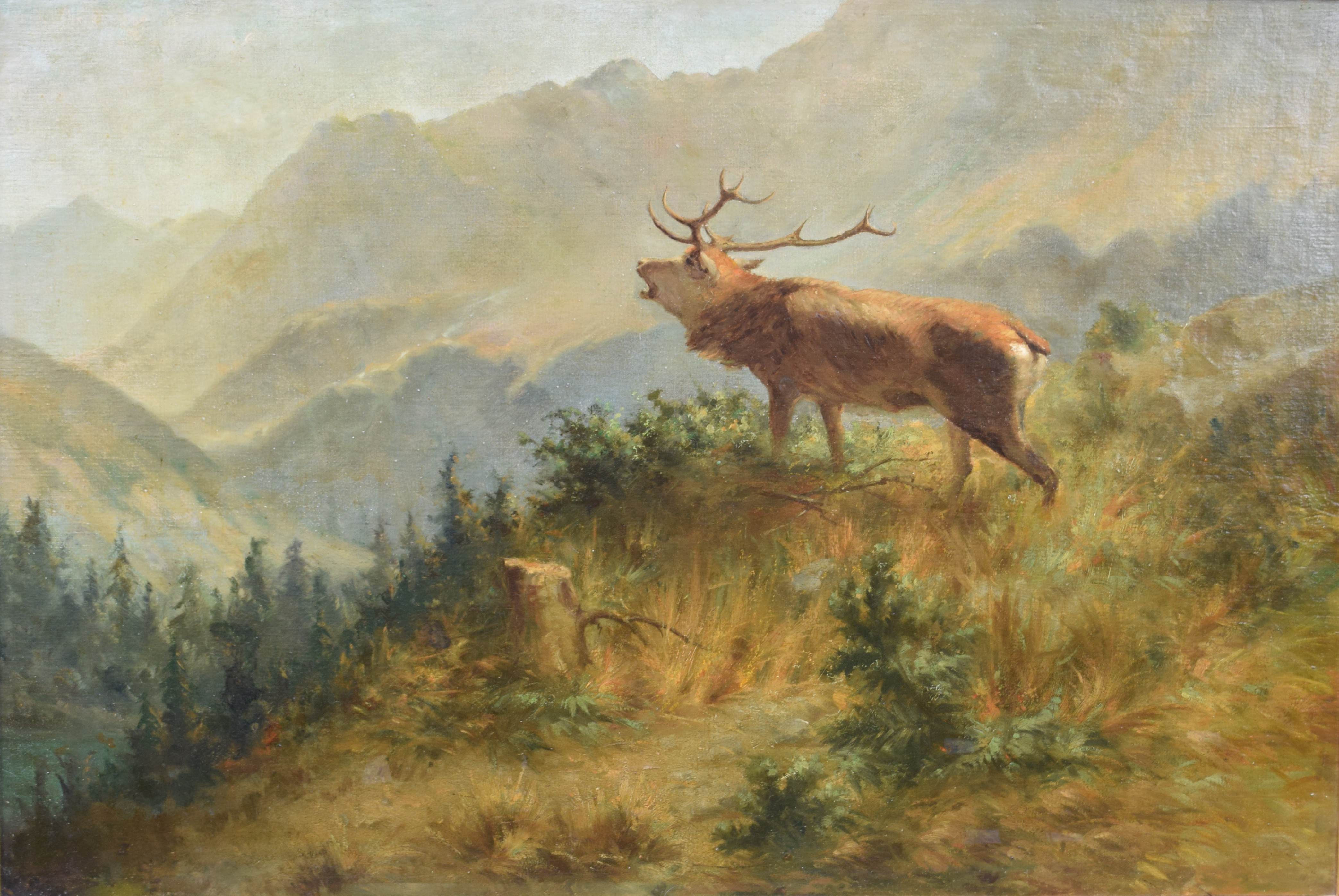 tableau Le brâme du cerf    animaux,paysage  huile toile 2ième moitié 20e siècle