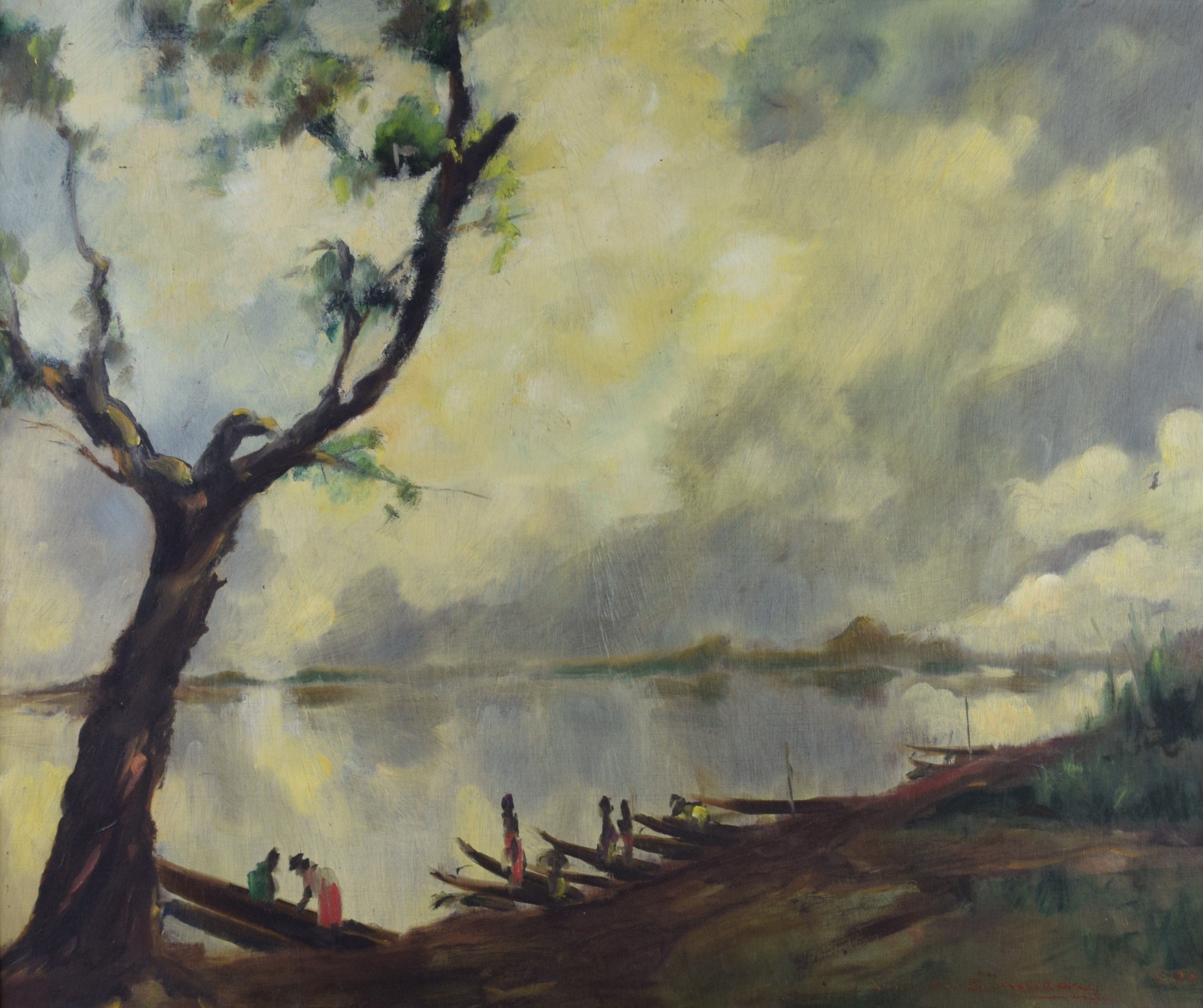 tableau lac en Afrique animé    paysage,africaniste  huile panneau 2ième moitié 20e siècle