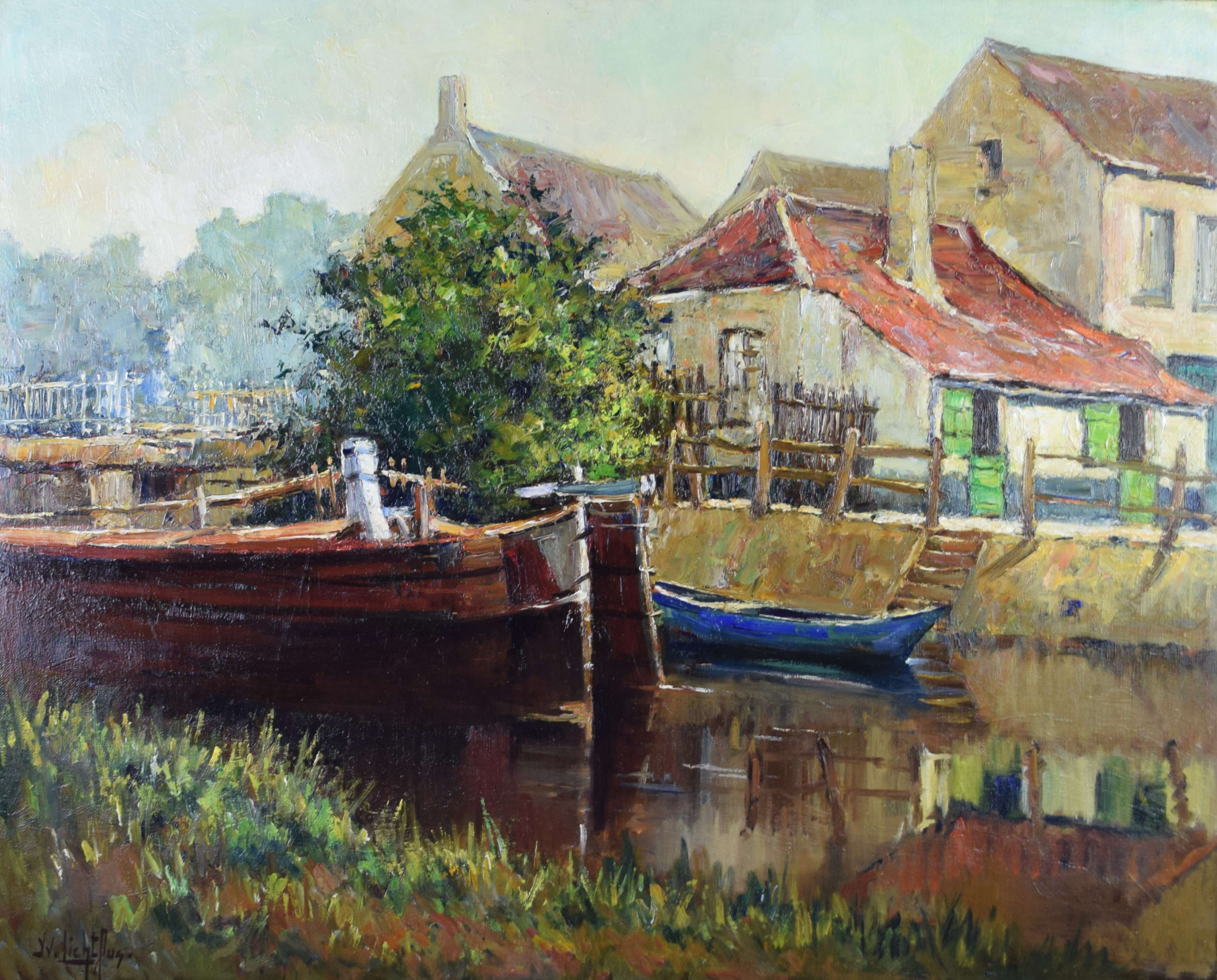 tableau En flandre Lichtfus Yvette marine,paysage,village  huile toile 19e siècle